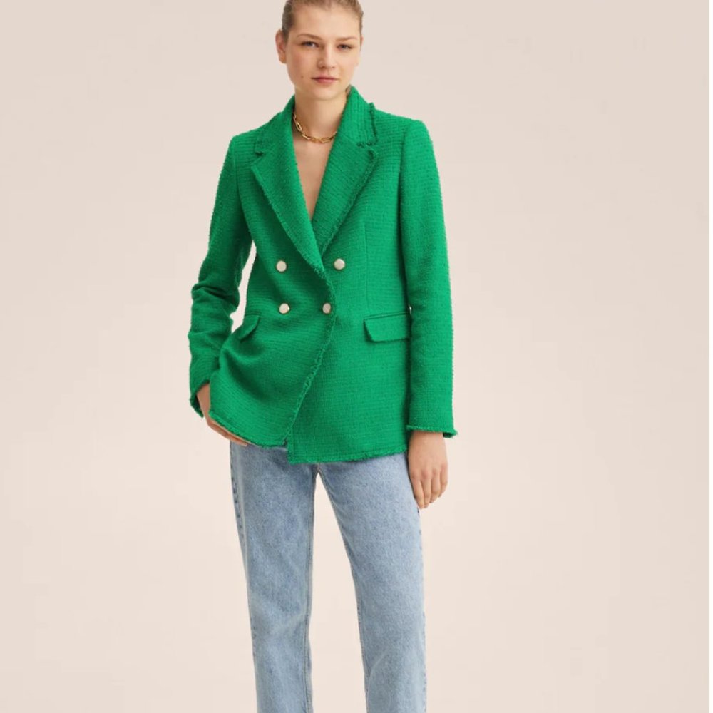 NEW NWT Mango Blazer Jacket Slim-fit Suit Green XS Tweed Boucle Double Breasted